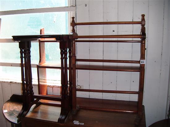 Nest of 2 tables, a towel rail, hanging shelves & a corner cupboard